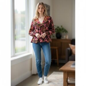 Rachel Zoe Black Floral Embroidered V-Neck Boho Peasant Blouse Size Med/#26849